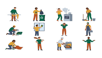 Fototapeta premium People doing housework vector icon set with cleaning ironing recycling repair cooking and home maintenance isolated flat cartoon illustration
