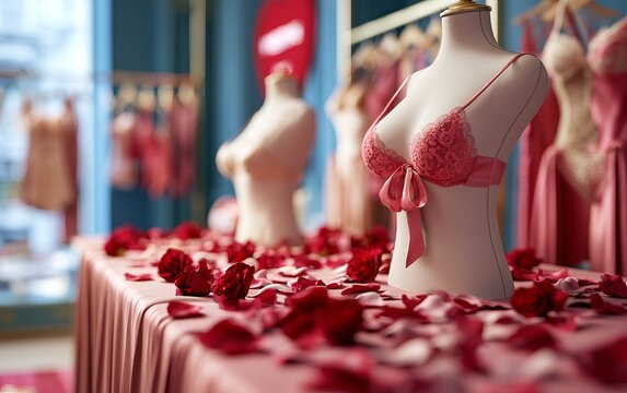Luxurious Pink Lingerie Display with Rose Petals for Valentine&rsquo;s Day