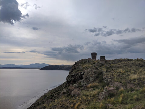 Ancient Sillustani Chullpas archaeological site and the Umayo lake, Puno, Peru