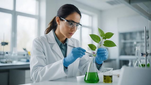 Scientist Testing Plant Extract in Laboratory | Female Researcher With Seedling and Green Liquid | Botanical Biotechnology and Crop Science