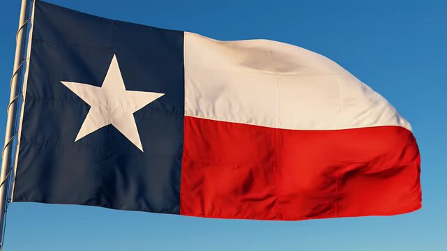 Texas flag waving in the wind, patriotic symbol, star and stripes, red white and blue colors, clear blue sky background, national emblem