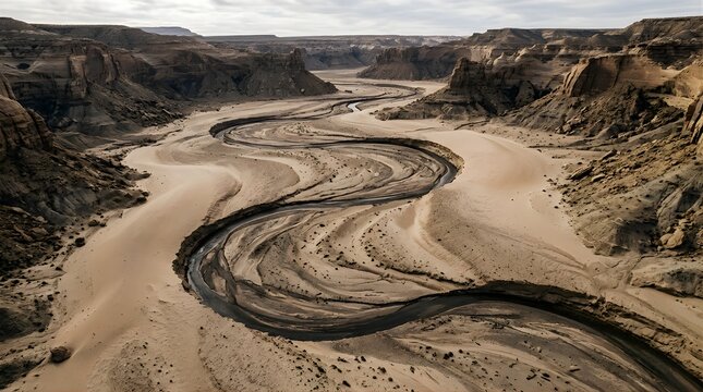 Aerial view of a winding river bed through a vast desert canyon landscape