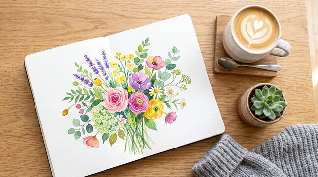 Watercolor Floral Bouquet Illustration in Open Sketchbook on Wooden Desk with Latte and Succulent, Artistic Workspace Setting for Creativity