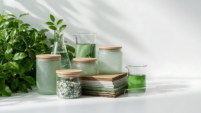 Natural Skincare Products With Green Jars | Botanical Beauty Packaging and Plant Based Cosmetics | Organic Wellness Product Display