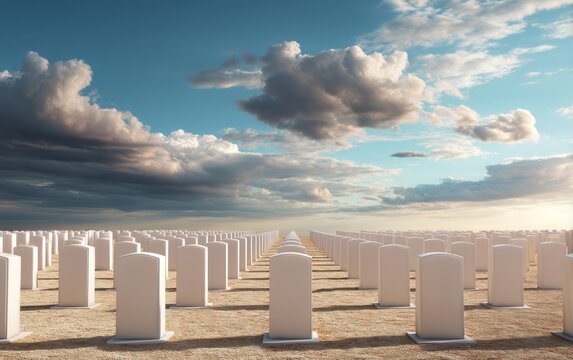 Endless rows of tombstone markers under dramatic sky at cemetery