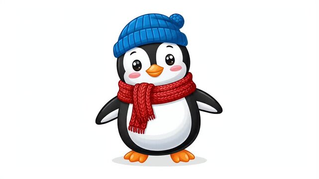 Cute cartoon penguin wearing a blue knitted hat and red scarf, happy expression, winter character, festive season