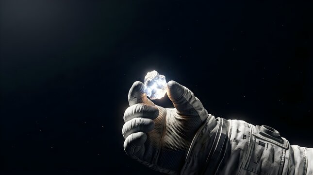 Astronaut holding a glowing alien stone in deep space against black sky