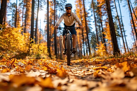 Biking and cycling on a mountain trail in a vibrant autumn forest with nature fall