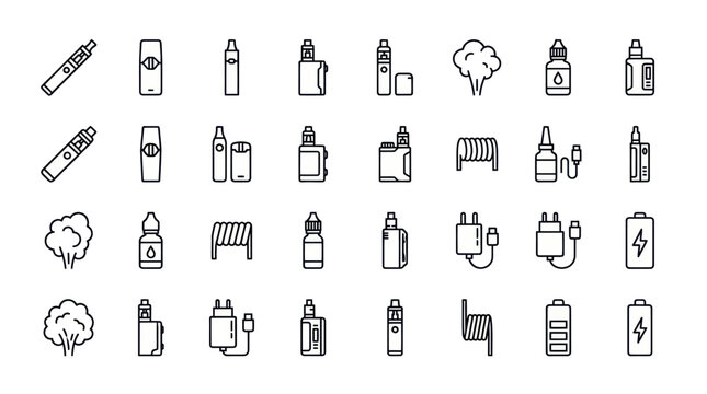 Electronic cigarette and vaping device line icon set.