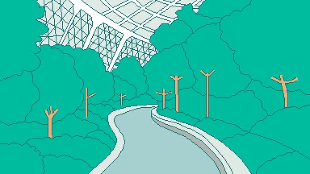 8-bit pixel art planthouse with tree background illustration