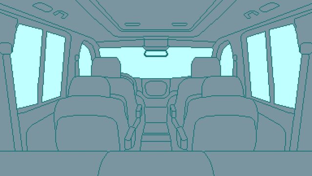 8-bit pixel art car inside background illustration