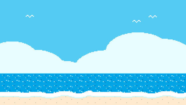 8-bit pixel art sea with clouds and seagulls background illustration