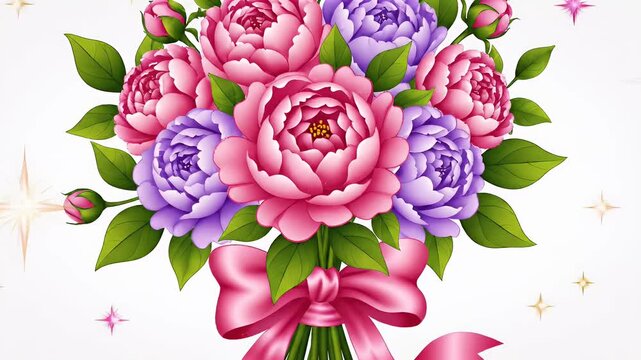 Animated bouquet of pink and purple peonies tied with a satin ribbon, blooming in spring, delicate floral arrangement for decoration