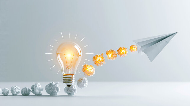 A paper airplane flies from a glowing light bulb, symbolizing ideas taking off and creativity in motion.