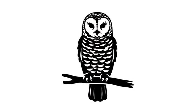 Isolated illustration of a barred owl perched on a branch, black and white linocut style, wisdom symbol