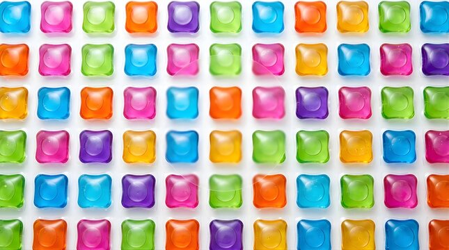 Colorful liquid laundry detergent pods arranged in a grid pattern on white