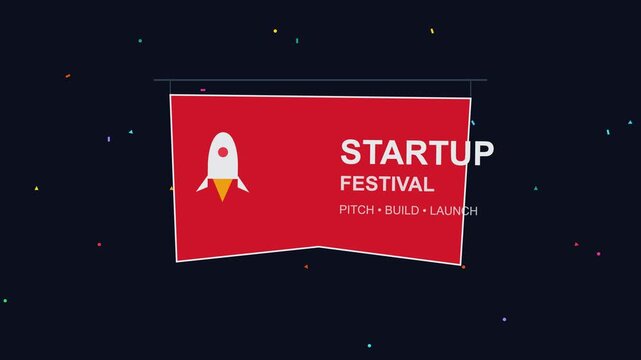 Startup festival motion pitch, build, and launch concept with rocket and confetti animation 4k business