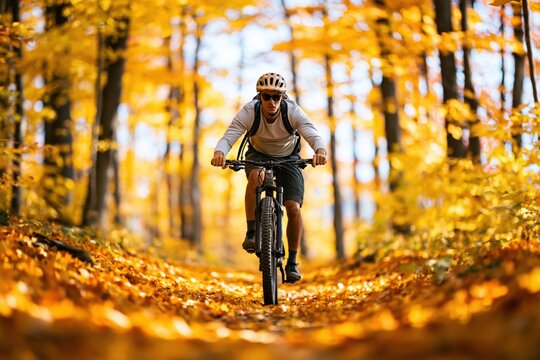 Biking and cycling on a mountain bike through a forest path in the autumn fall woods