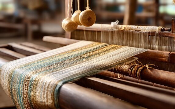 Traditional handloom weaving textile with wooden shuttle and threads closeup