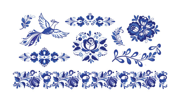 Gzhel style blue floral vector elements set featuring traditional Russian folk ornament bird roses and continuous borders on white background