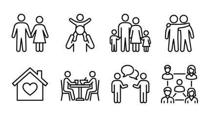 Family life and social community interaction outline icons.