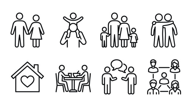 Family life and social community interaction outline icons.