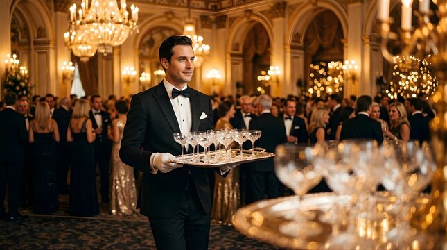 Elegant waiter serving champagne at a luxury gala event in a ballroom