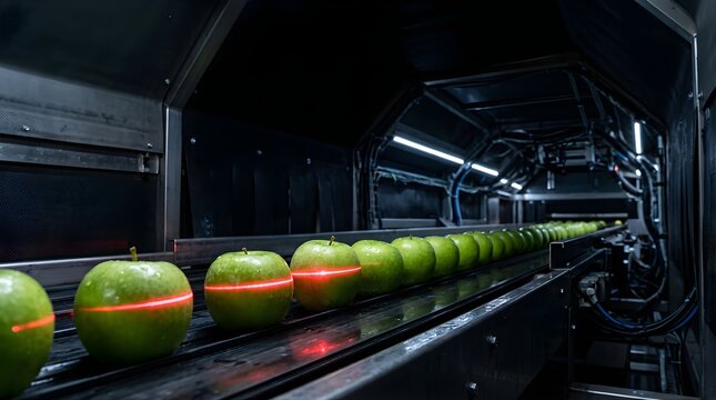 Fresh green apples moving on a factory conveyor belt with red laser scan