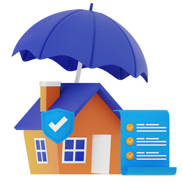 3D Home Insurance Protection Illustration with Umbrella, Shield and Policy Checklist