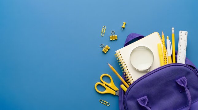 Top view of an open purple school bag packed with notebooks, pencils, scissors, and stationery on a blue wooden background.