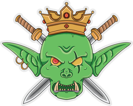 A fierce green goblin king wearing a golden crown and wielding two crossed swords, featuring sharp teeth and red eyes.