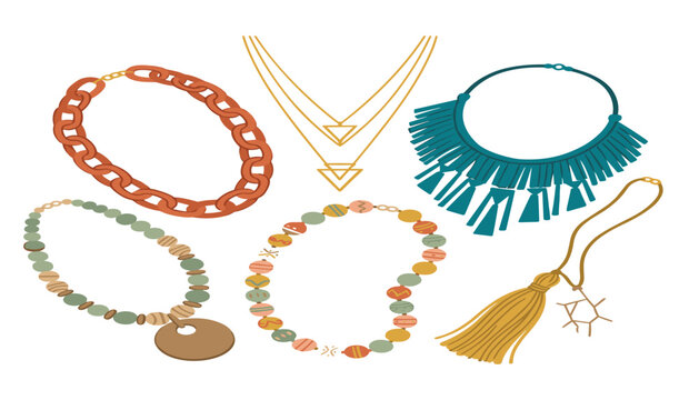Boho necklace vector collection with statement chain layered gold fringe bead tassel jewelry fashion accessories isolated on white background