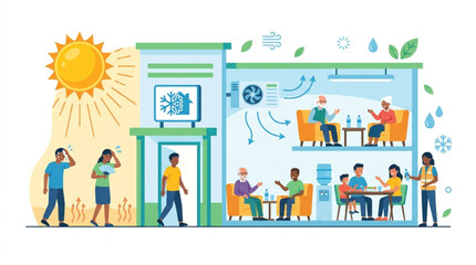 Fototapeta premium Cross-section of a building showing people enjoying climate control indoors while others feel extreme heat outside, illustrating HVAC benefits for comfort and well-being