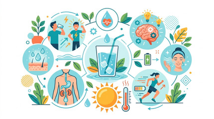 Naklejka premium Flat lay illustration demonstrating the importance of hydration for skin, brain, and body functions, with a central glass of water and icons representing exercise, heat, and health