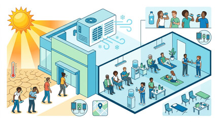 Fototapeta premium Isometric illustration of people seeking refuge from extreme heat inside an air-conditioned building, with an AC unit shown on the roof and a thermometer indicating high temperature