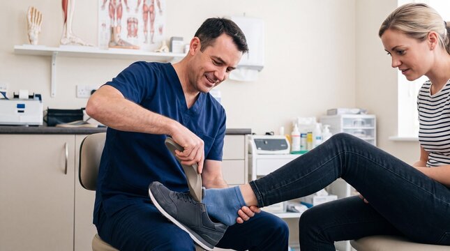 Podiatrist fitting a custom orthotic insole into a patient's shoe in clinic