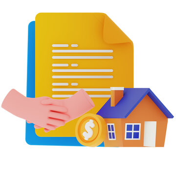 3D Home Deal Illustration with Handshake, Contract and Coin