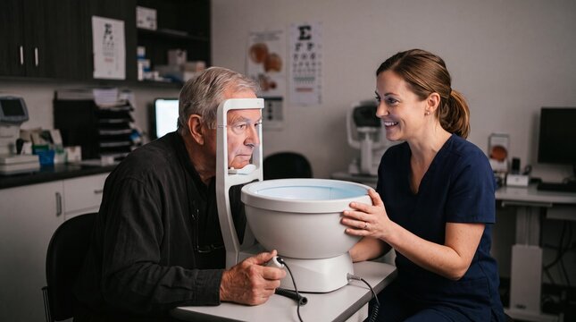 Optometrist performing a visual field test for a senior man at an eye clinic.