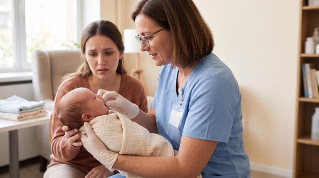 Lactation consultant checking newborn baby for tongue tie with worried mother