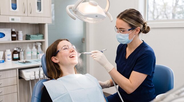 Dental hygienist performing air polishing stain removal on a smiling patient.