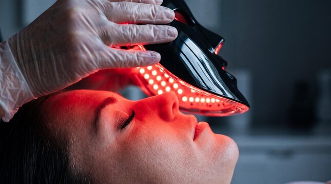 Woman receiving red LED light therapy facial treatment at aesthetic clinic