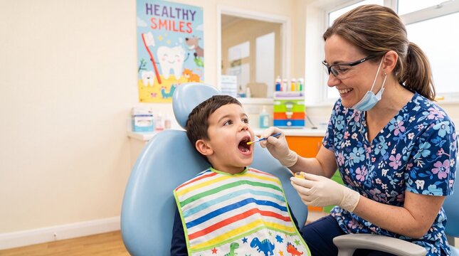 Female dentist applying fluoride varnish to a young boy in a dental clinic.