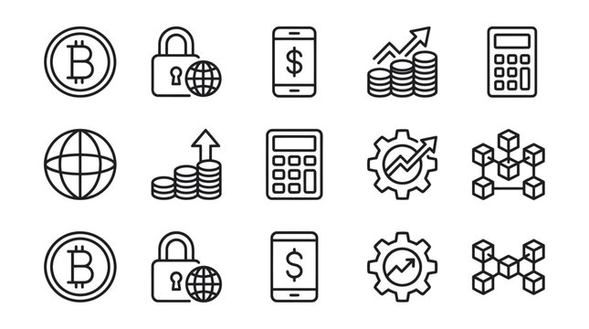 Fintech and digital currency business icons.