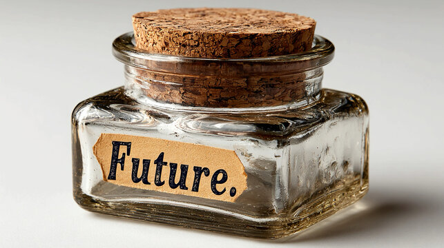 Empty jar with label "Future" isolated on white background symbolizing potential opportunity guidance planning foresight unknown outcome and conceptual metaphor