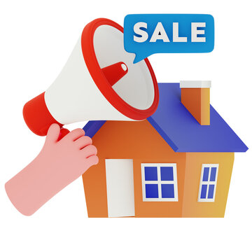 3D House Sale Illustration with Megaphone and Property Promotion