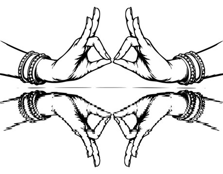 Two hands of an Odissi dancer in suchimukha needle face gesture painted as if floating above water