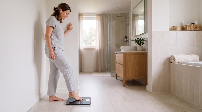 Woman in pajamas stepping on a smart scale for weight tracking in bathroom.