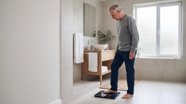 Senior man using a digital smart scale to monitor his weight in a bathroom.