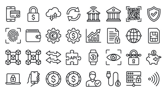 Fintech security and digital banking line icons.