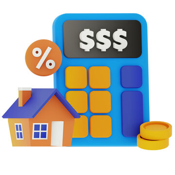 3D House Savings Illustration with Calculator, Coins and Finance